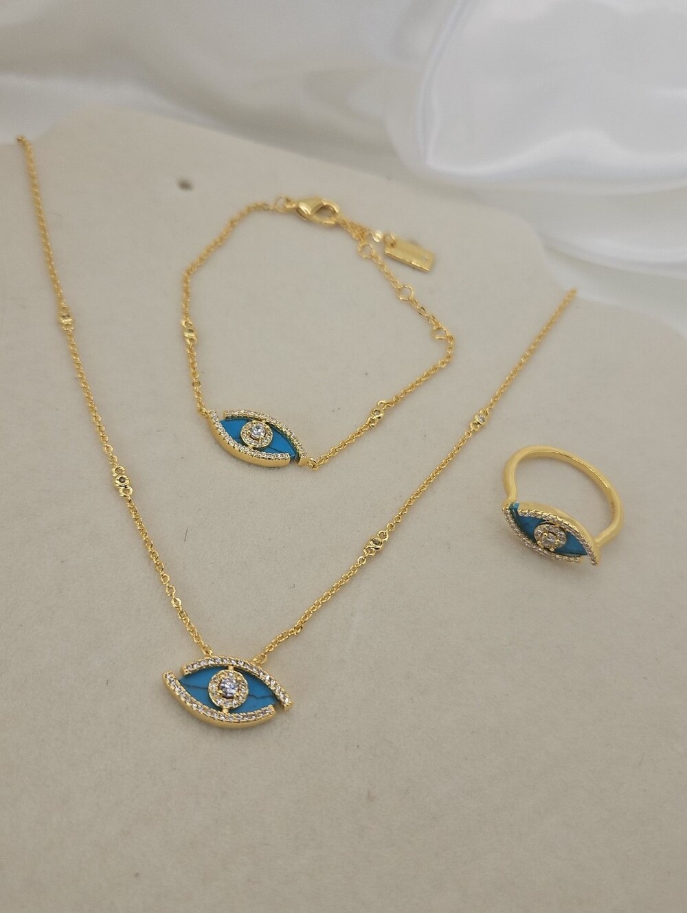 Gold Plated Blue Evil Eye Necklace, Bracelet & Ring Size 8,Set